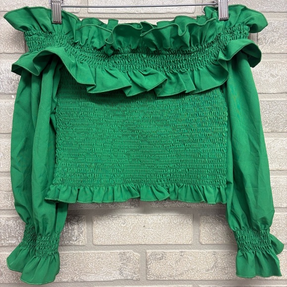 Emerald Green Off-Shoulder Ruffle Crop Top Size M - Picture 3 of 5